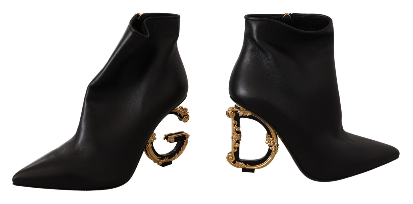 Dolce & Gabbana Elegant Black Leather Ankle Boots with Gold Detailing