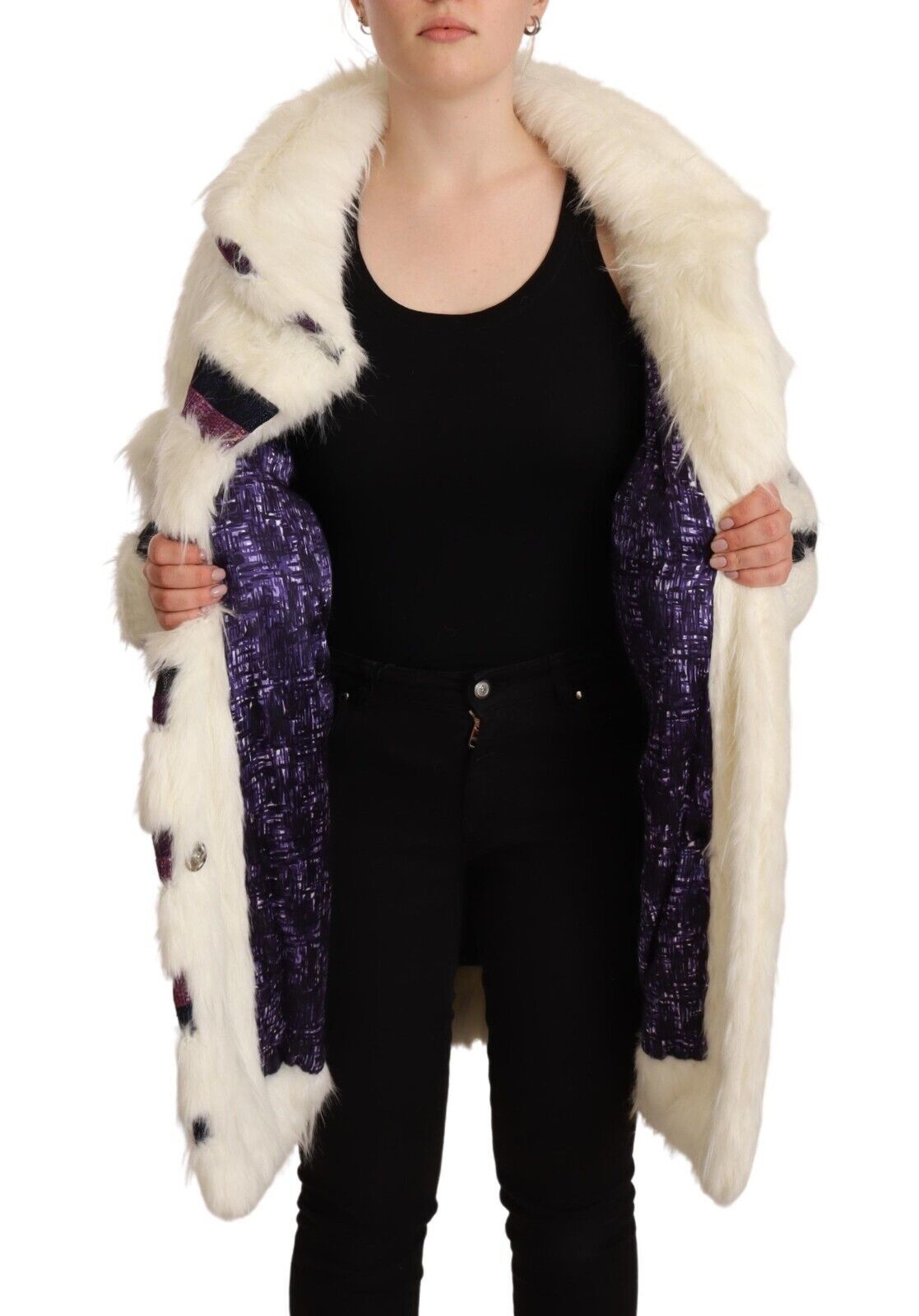 Custo Barcelona Elegant White Fur Overcoat Jacket