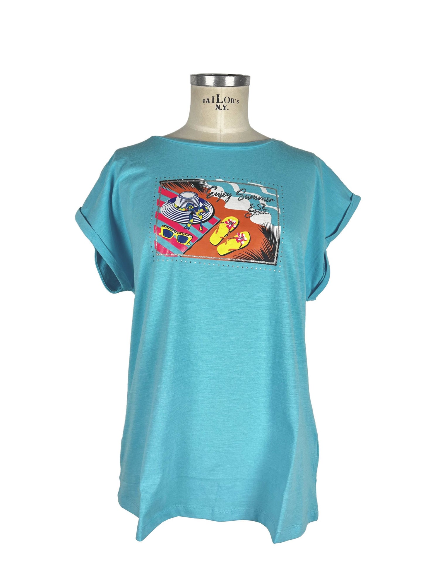 Yes Zee Light Blue Cotton Women T-Shirt