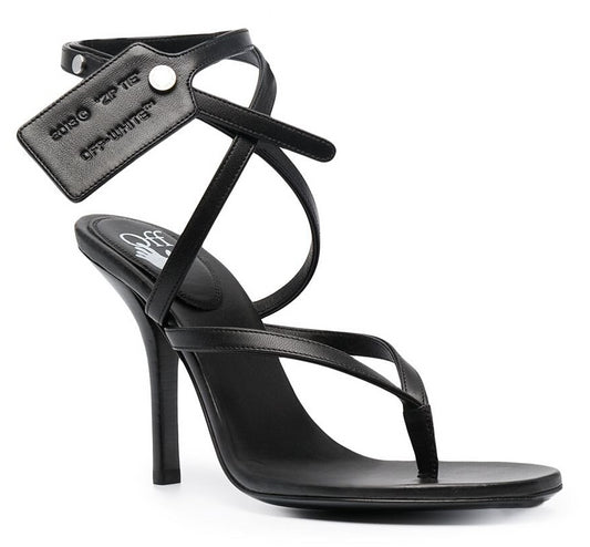 Off-White Elegant Calf Leather Stiletto Sandals with Zip Tie Accent