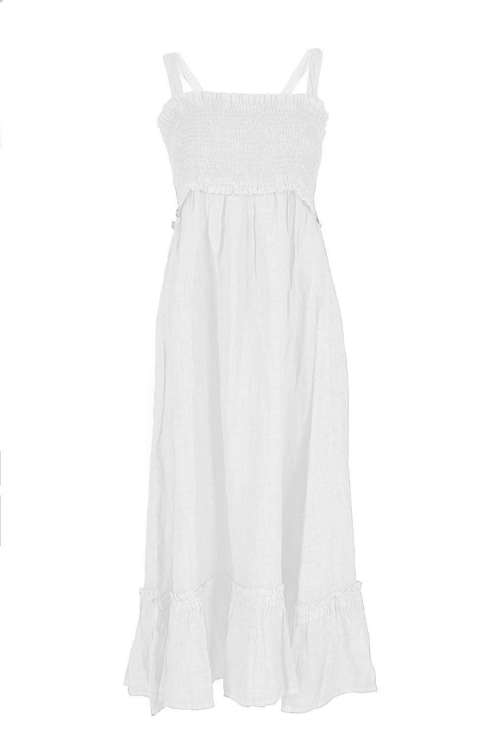 Yes Zee Elegant White Linen Maxi Dress with Smocked Bodice