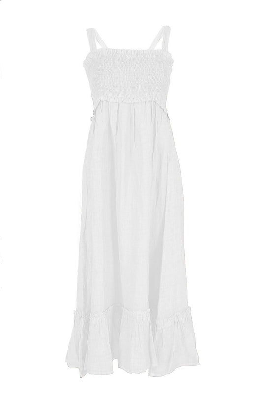 Yes Zee Elegant White Linen Maxi Dress with Smocked Bodice