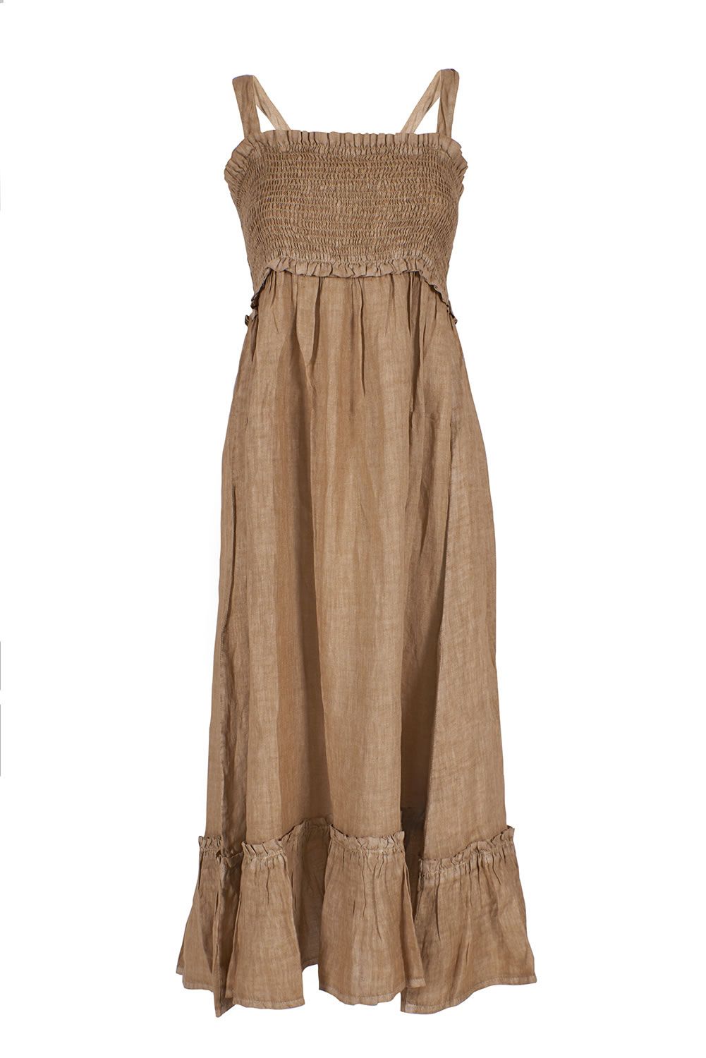 Yes Zee Elegant Beige Linen Maxi Dress with Flounce Hem