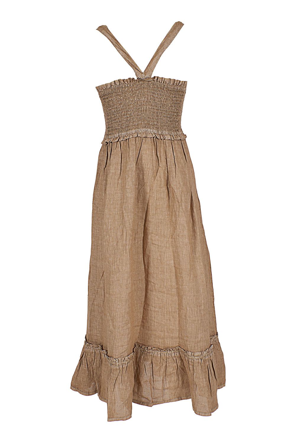 Yes Zee Elegant Beige Linen Maxi Dress with Flounce Hem