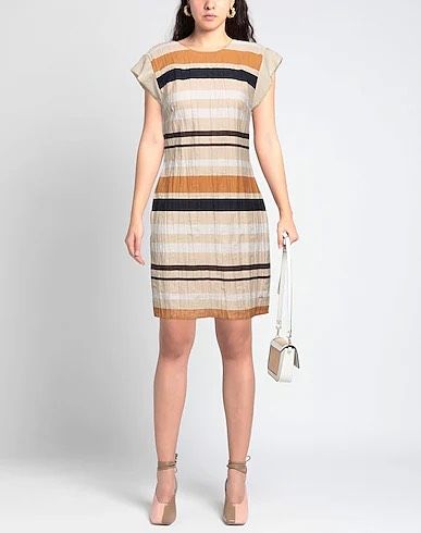 Yes Zee Beige Striped Sleeveless Summer Dress