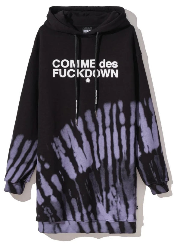 Comme Des Fuckdown Chic Black Hooded Sweatshirt Dress with Abstract Motifs