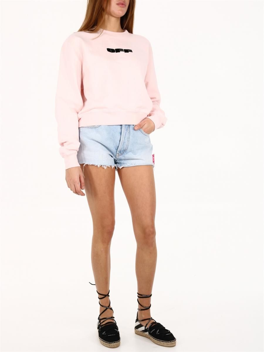 Off-White Soft Pink Velvet Detail Cotton Sweatshirt