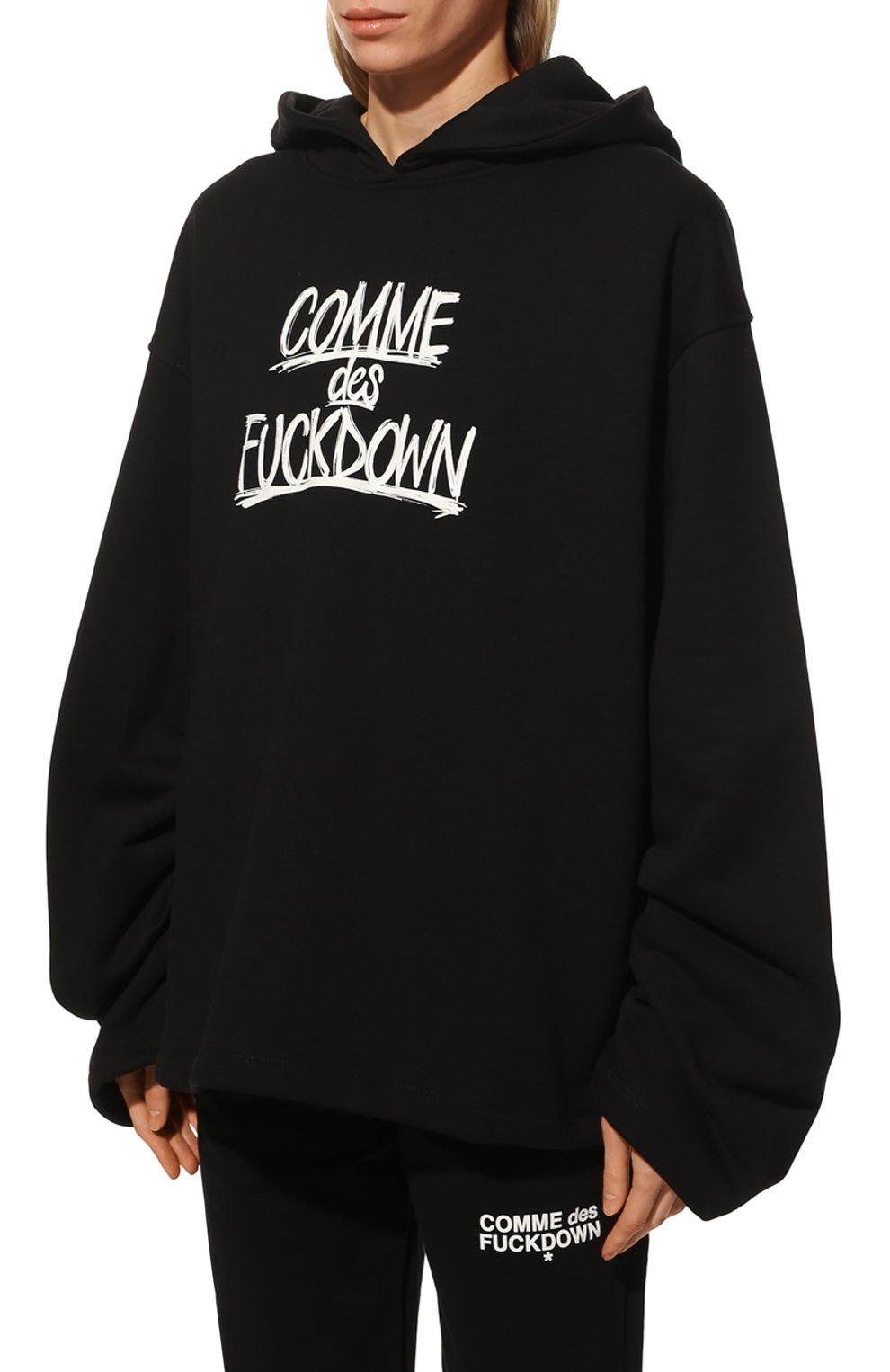 Comme Des Fuckdown Black Cotton Hooded Sweatshirt with Bold Prints