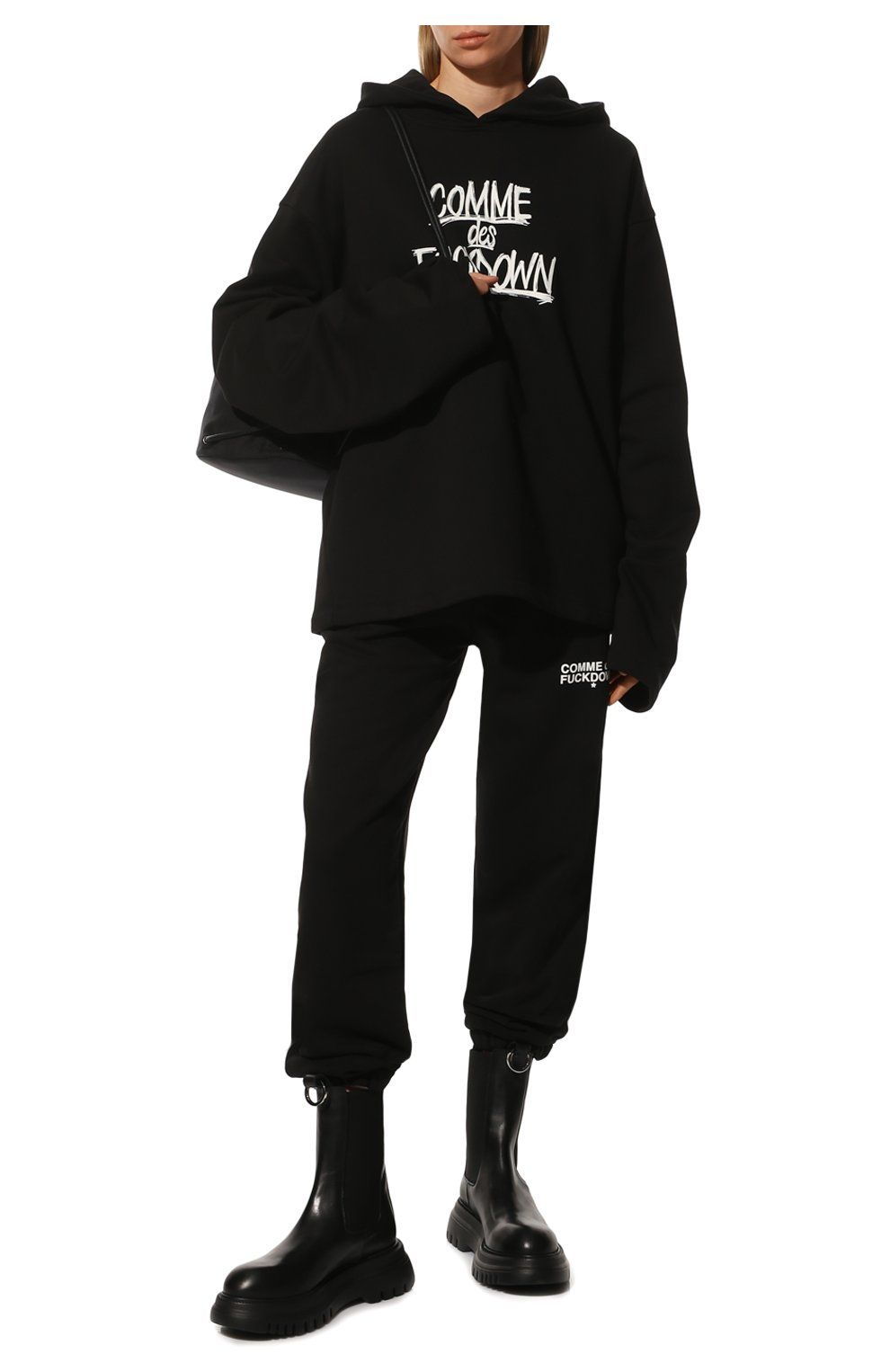 Comme Des Fuckdown Black Cotton Hooded Sweatshirt with Bold Prints