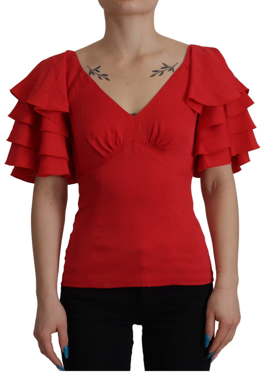 Dolce & Gabbana Elegant Red Silk V-Neck Ruffle Blouse