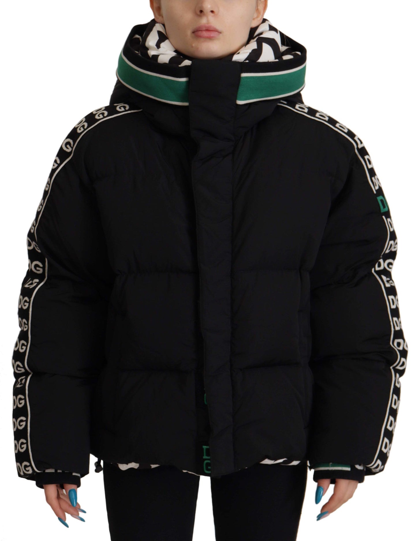 Dolce & Gabbana Elegant Black Puffer Jacket with Knit Logo Details