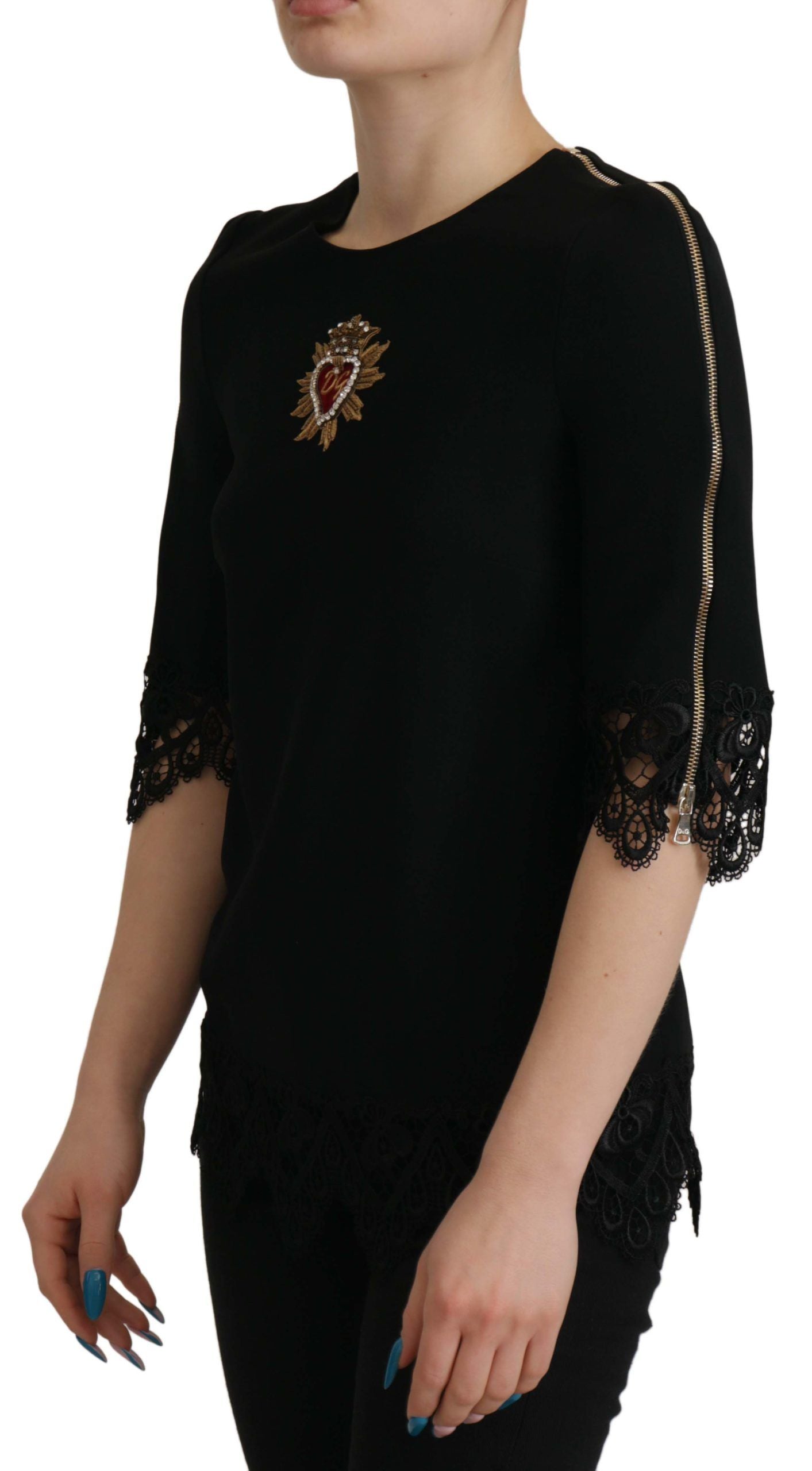 Dolce & Gabbana Elegant Beaded Logo Zip Sleeve Blouse