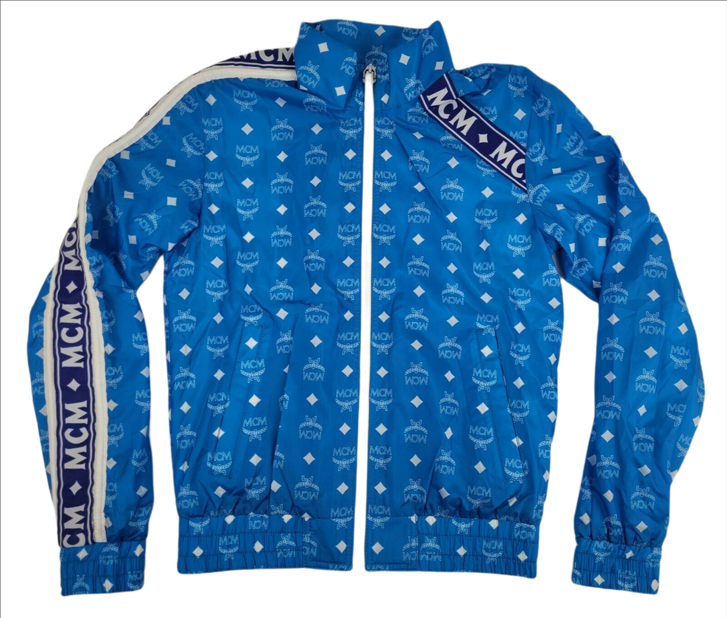 MCM Women's Blue Nylon Bomber Jacket White Logo Print