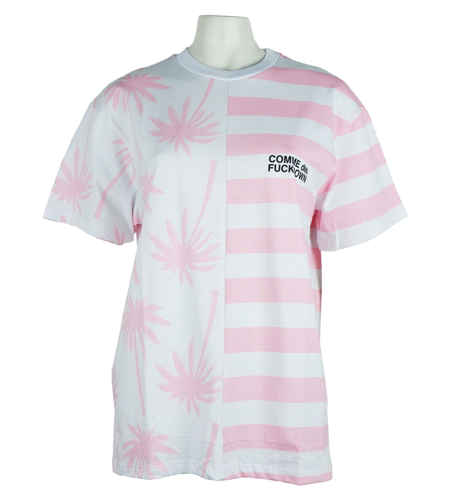 Comme Des Fuckdown Chic Pink Striped Cotton Tee with Palm Motif