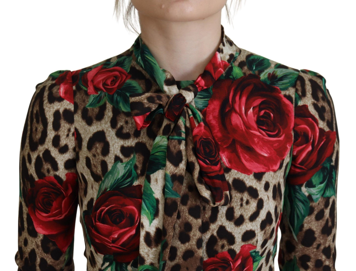 Dolce & Gabbana Chic Leopard Rose Silk Bodycon Dress