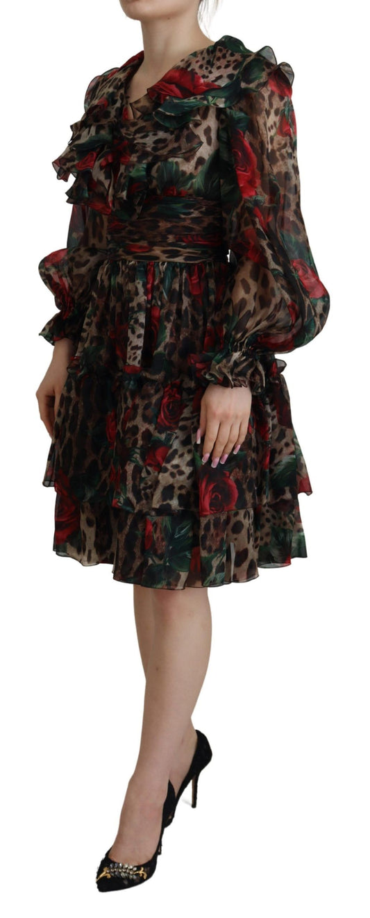 Dolce & Gabbana Silk Leopard Print & Red Roses Dress