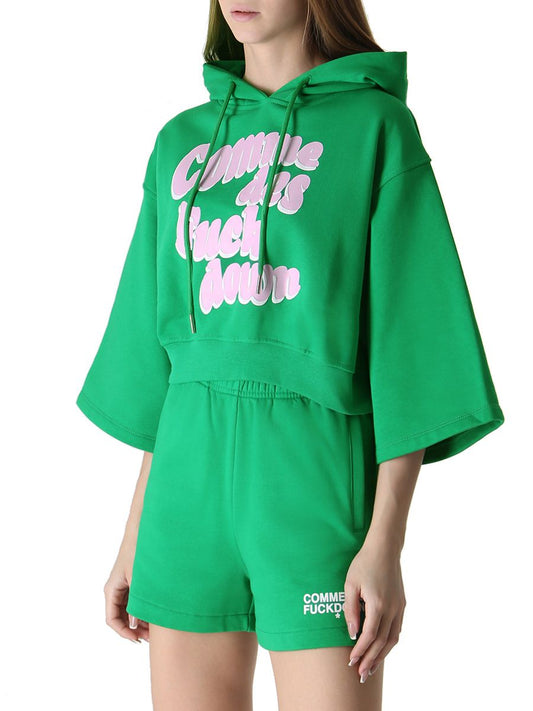 Comme Des Fuckdown Chic Hooded Short Sleeve Green Sweatshirt