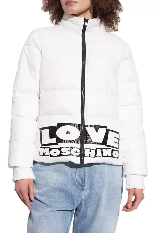 Love Moschino Chic White Nylon Down Jacket with Bold Logo Print