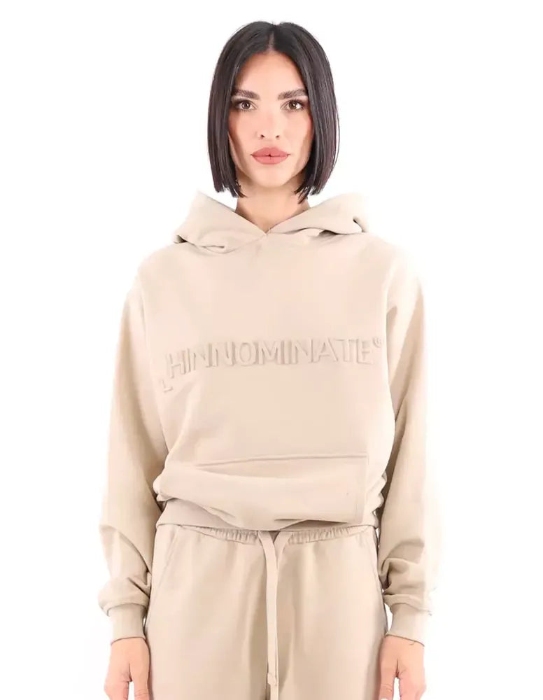 Hinnominate Beige Cotton Hooded Sweatshirt with 3D Logo