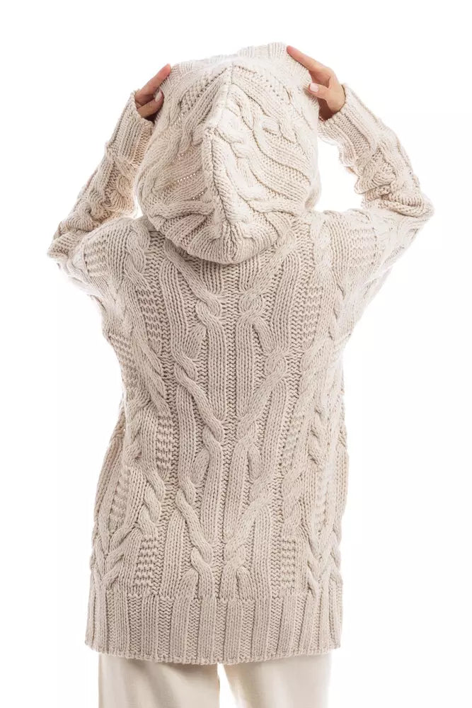 Hinnominate Timeless White Cable Knit Hooded Cardigan