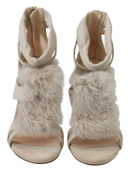 Elisabetta Franchi Beige Leather Feathered Heel Sandals