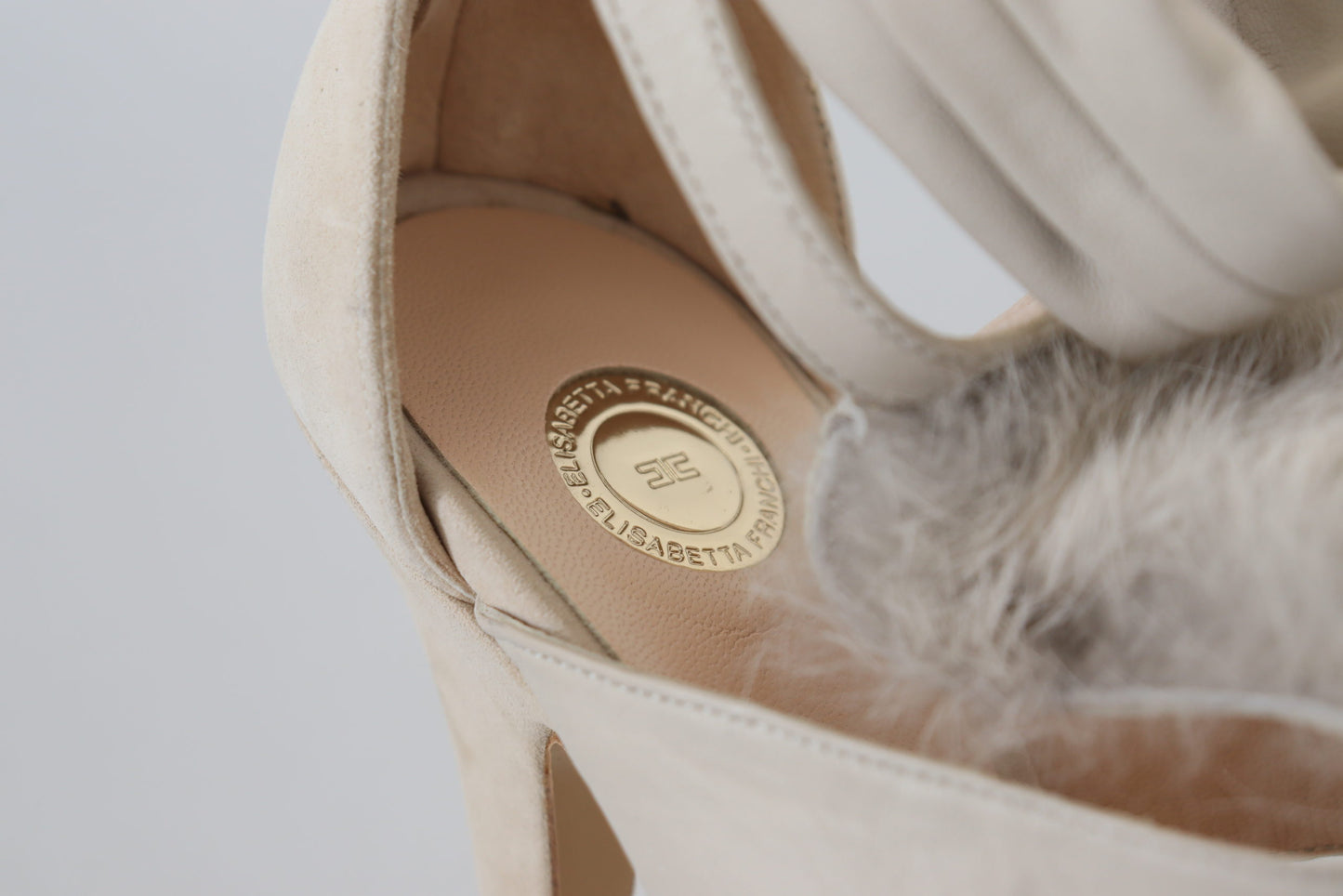 Elisabetta Franchi Beige Leather Feathered Heel Sandals