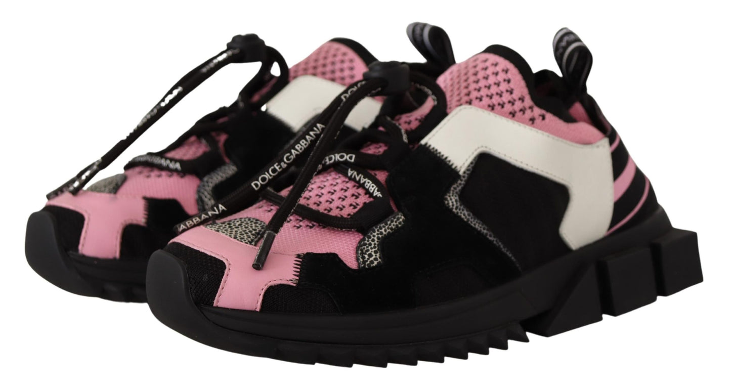 Dolce & Gabbana Chic Black Lace-up Sneakers with Pink Detail