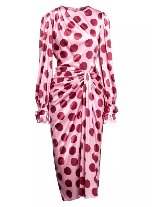 Dolce & Gabbana Silk Polka Dot Long-Sleeve Dress with Laces