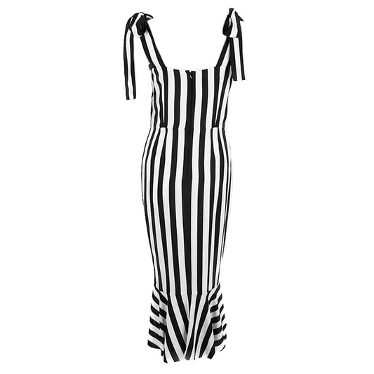 Dolce & Gabbana Black and White Striped Midi Dress with Ruffles