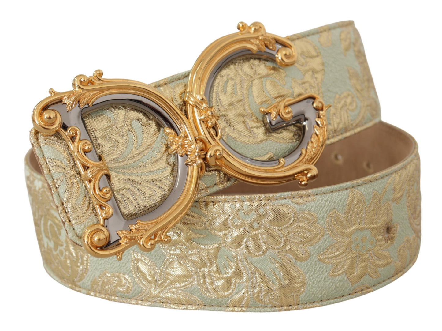 Dolce & Gabbana Engraved Buckle Leather Belt - Green & Gold