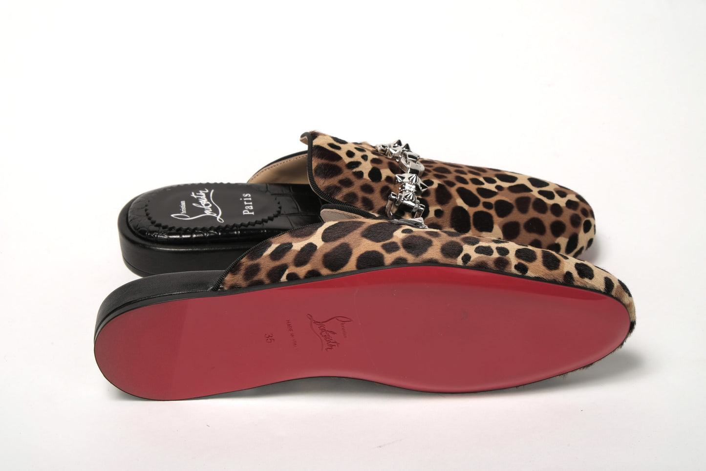 Christian Louboutin Black Brown Leapord Print Open Back Loafer