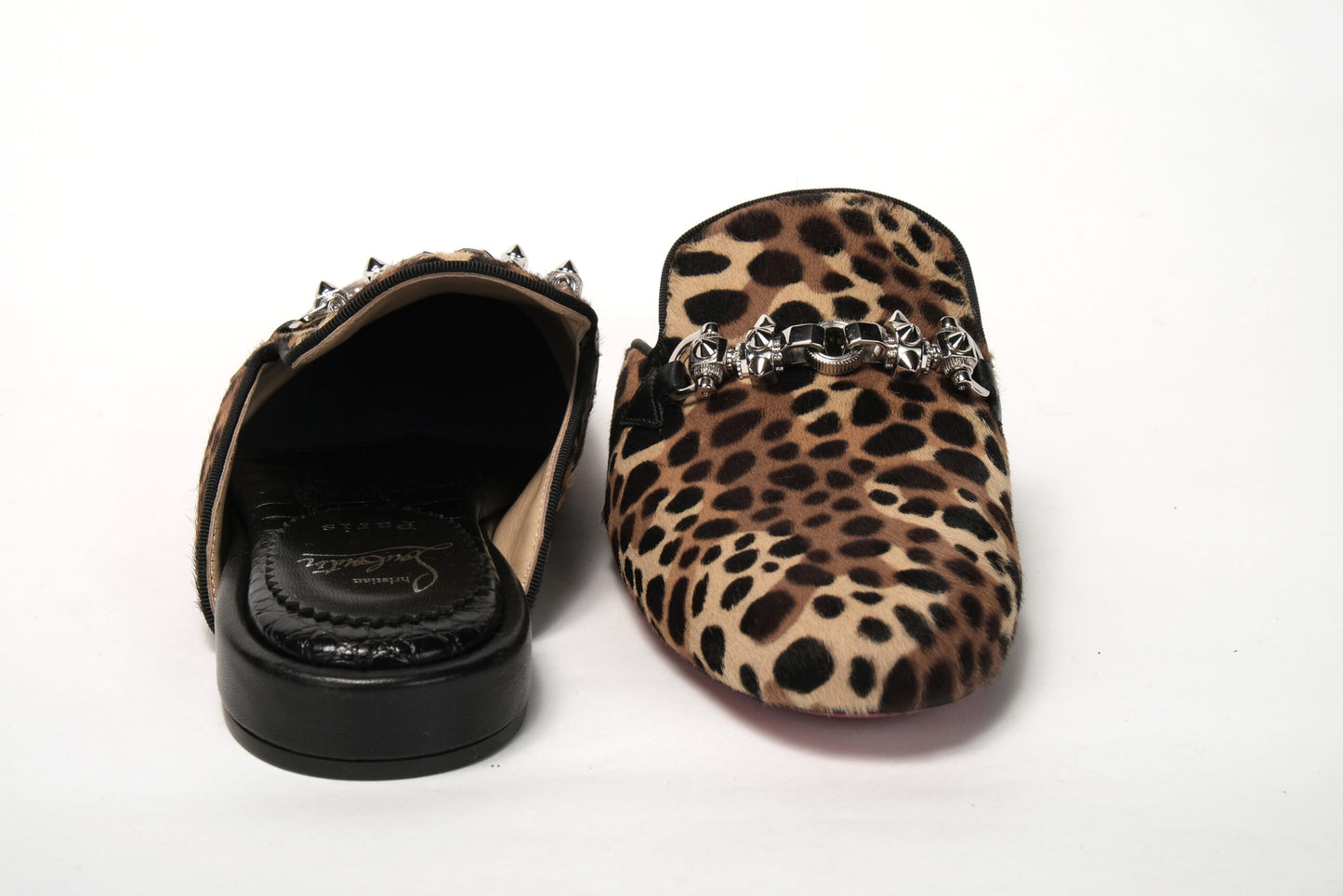 Christian Louboutin Black Brown Leapord Print Open Back Loafer