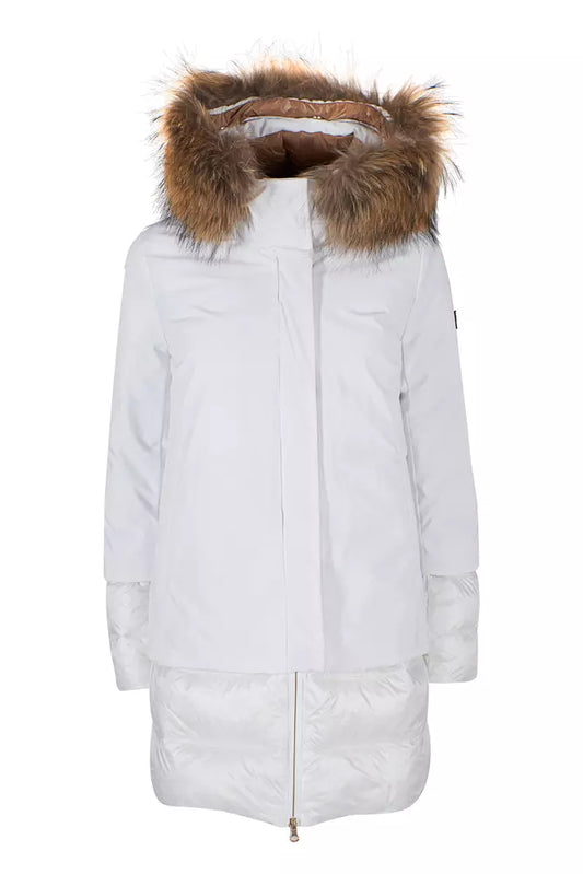 Yes Zee Chic White Technical Fabric Jacket with Fur Hood