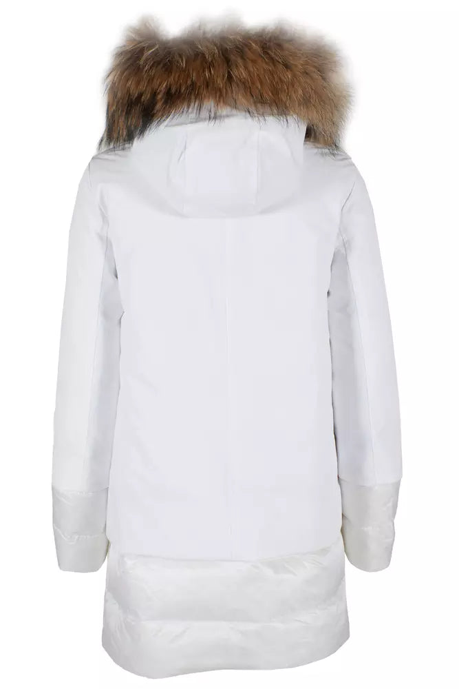 Yes Zee Chic White Technical Fabric Jacket with Fur Hood