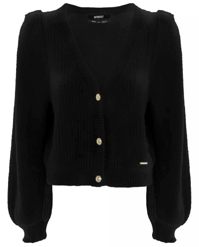 Imperfect Elegant V-Neck Black Cardigan with Golden Buttons