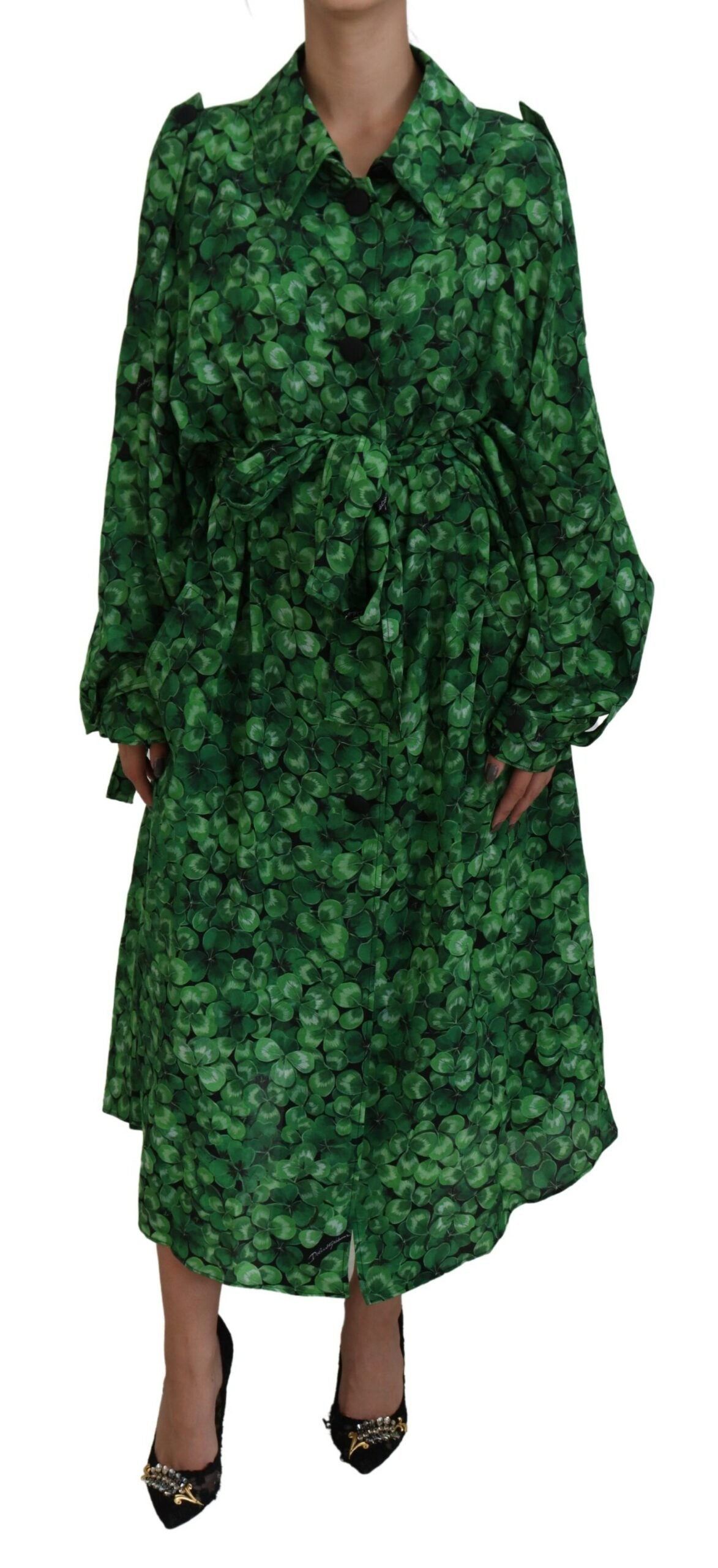 Dolce & Gabbana Silk Green Leaves Print Trench Jacket