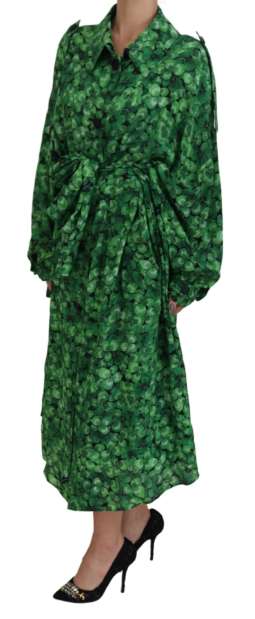 Dolce & Gabbana Silk Green Leaves Print Trench Jacket