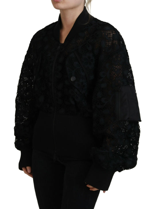 Dolce & Gabbana Black Floral Lace Bomber Jacket