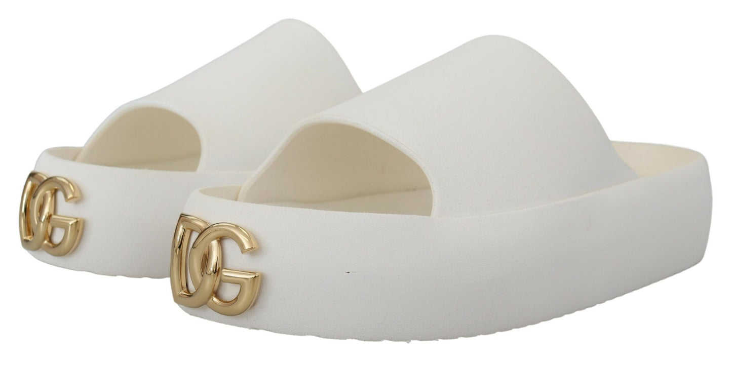 Dolce & Gabbana Elegant White Slide Sandals with Gold Accents