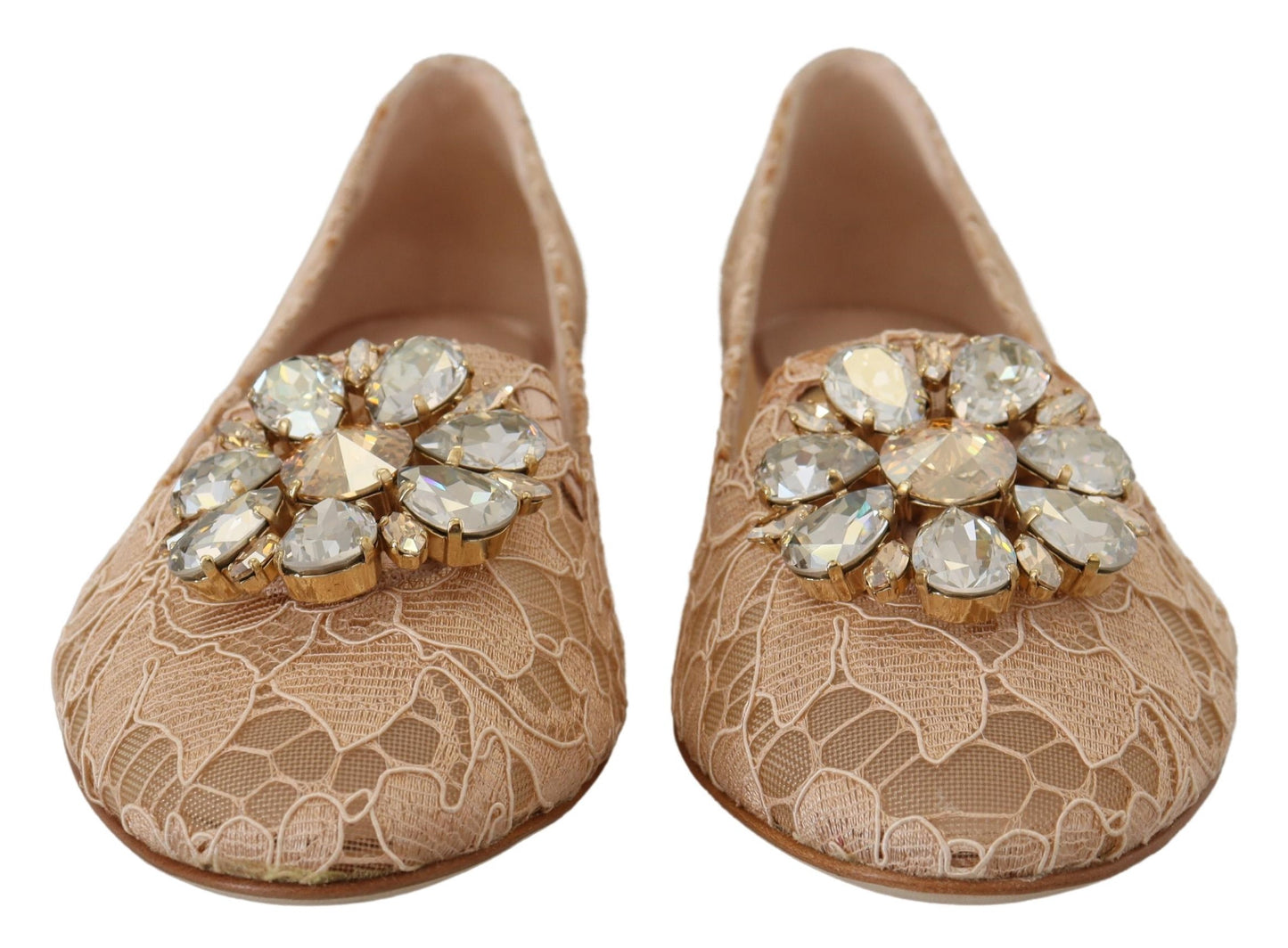 Dolce & Gabbana Elegant Beige Lace Vally Flats with Crystal Accent