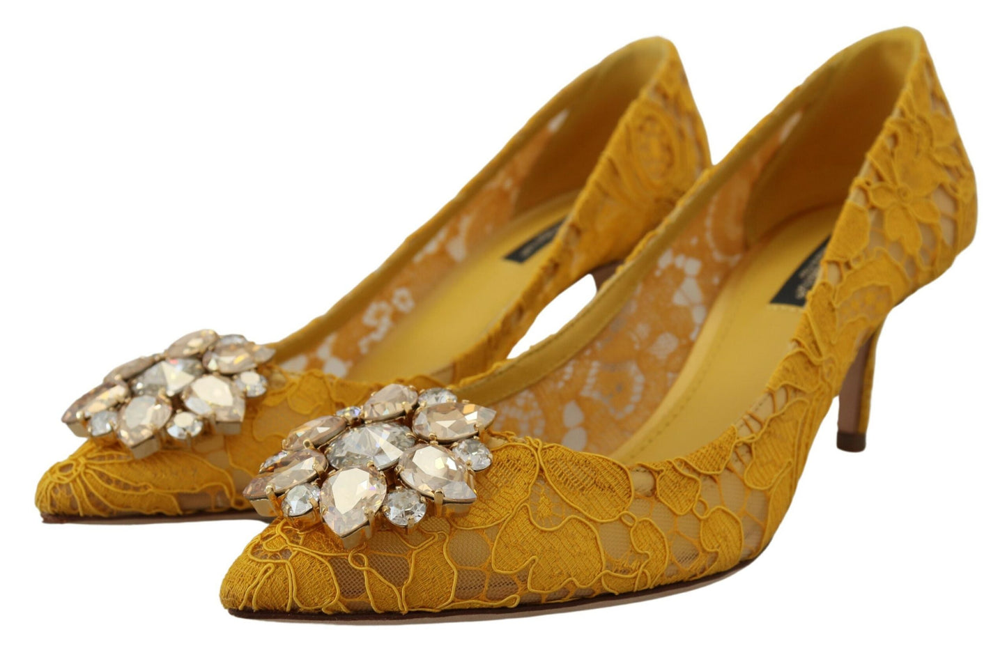 Dolce & Gabbana Yellow Lace Heels with Crystal Embellishment