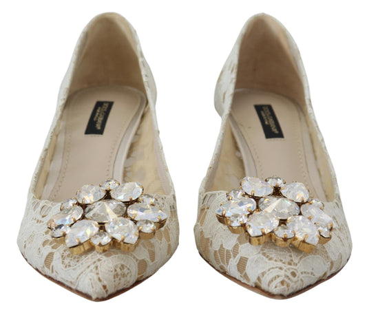 Dolce & Gabbana Elegant White Lace Heels with Crystal Accents