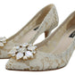 Dolce & Gabbana Elegant White Lace Heels with Crystal Accents