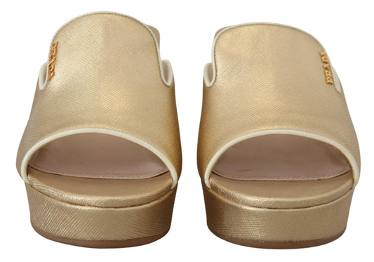 Prada Elegant Gold Leather Wedge Sandals