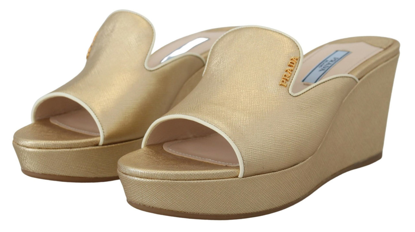 Prada Elegant Gold Leather Wedge Sandals