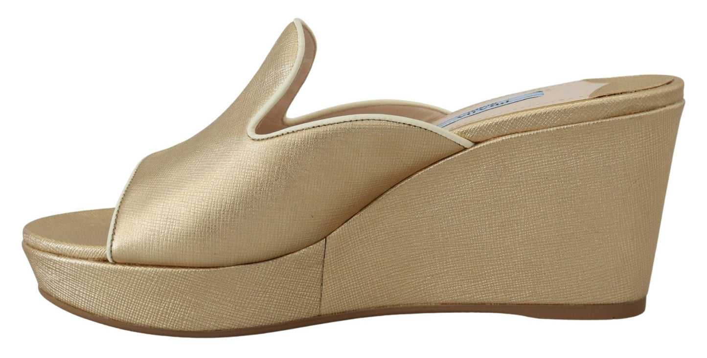 Prada Elegant Gold Leather Wedge Sandals