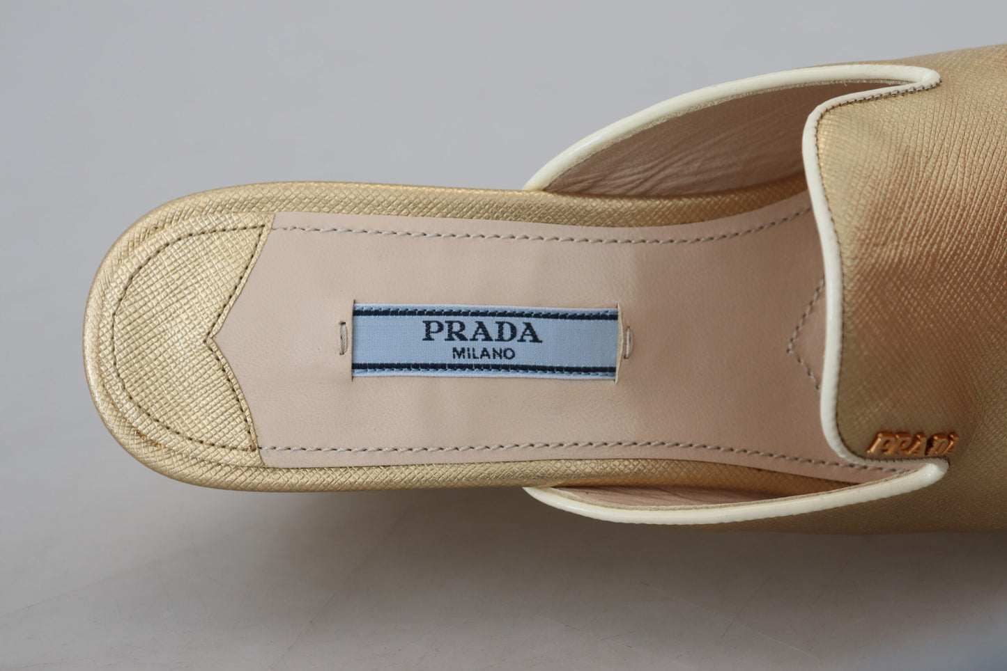 Prada Elegant Gold Leather Wedge Sandals