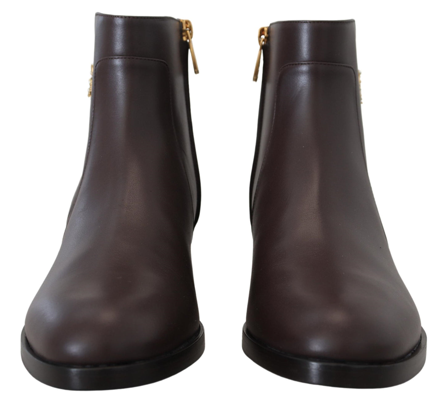 Dolce & Gabbana Elegant Brown Ankle Boots with Gold Pearl Detail