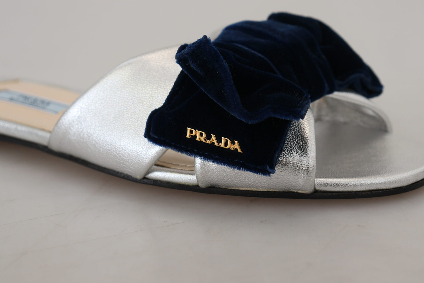 Elegant Silver Navy Prada Leather Flats