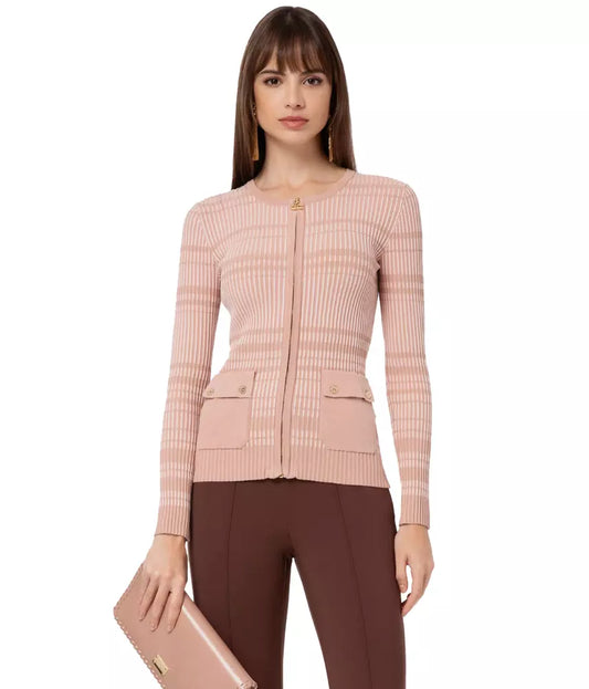 Elisabetta Franchi Chic Ribbed Crew-Neck Cardigan with Golden Accents